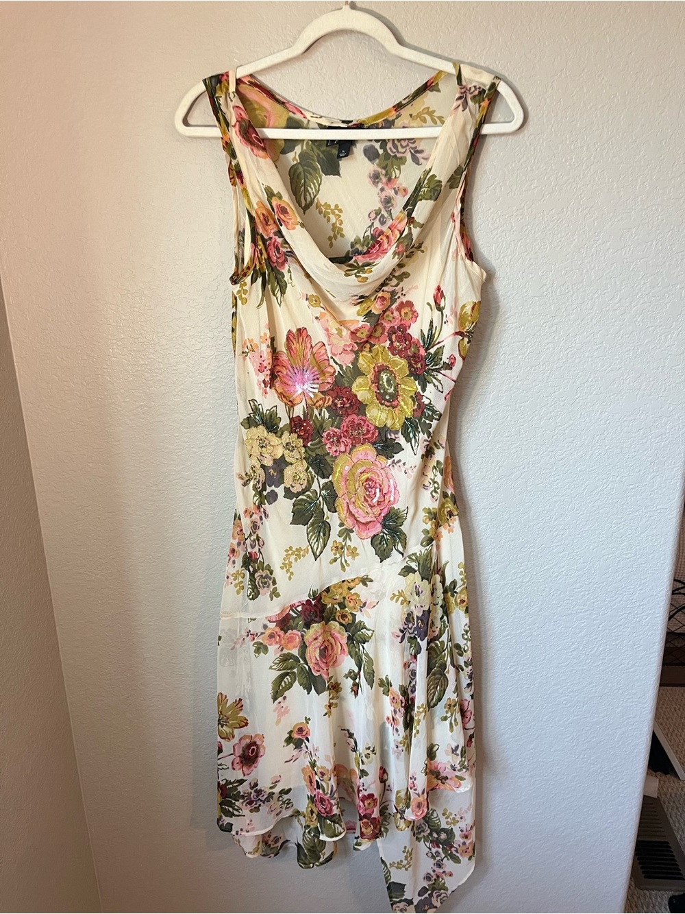 Floral Beaded Sequin Flowy Cowl Neck Dress XL Fairycore Boho Wedding Garden